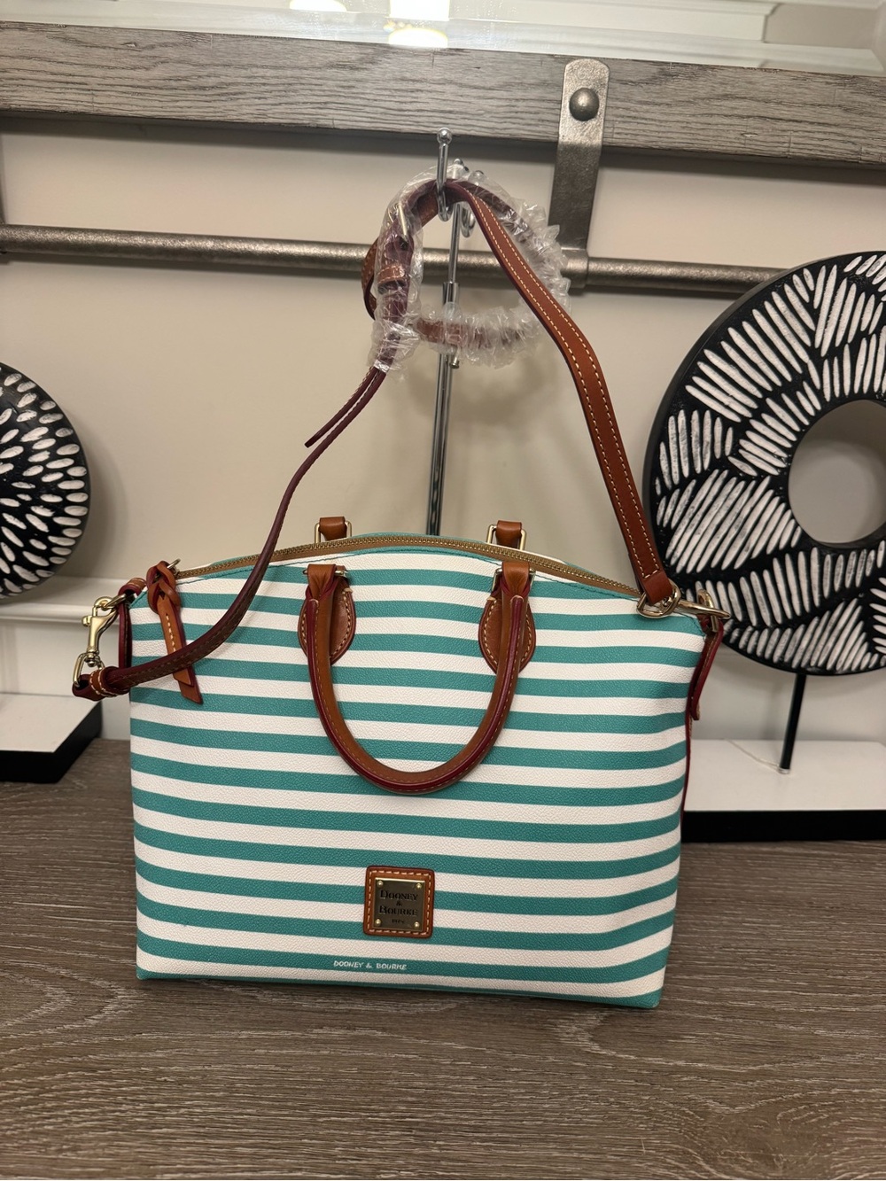 Dooney & Bourke Teal and White Striped Dome Satchel with Tan Leather Trim.
